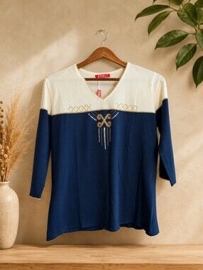 Cellini Two-Tone V‑Neck Embellished Top - Navy & Cream
